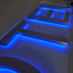 3D Blue LED Sign Light Brushed Metal Channel Letter for Shop | Custom LED Backlit Letters Stainless Steel Letter Sign for Hotel
