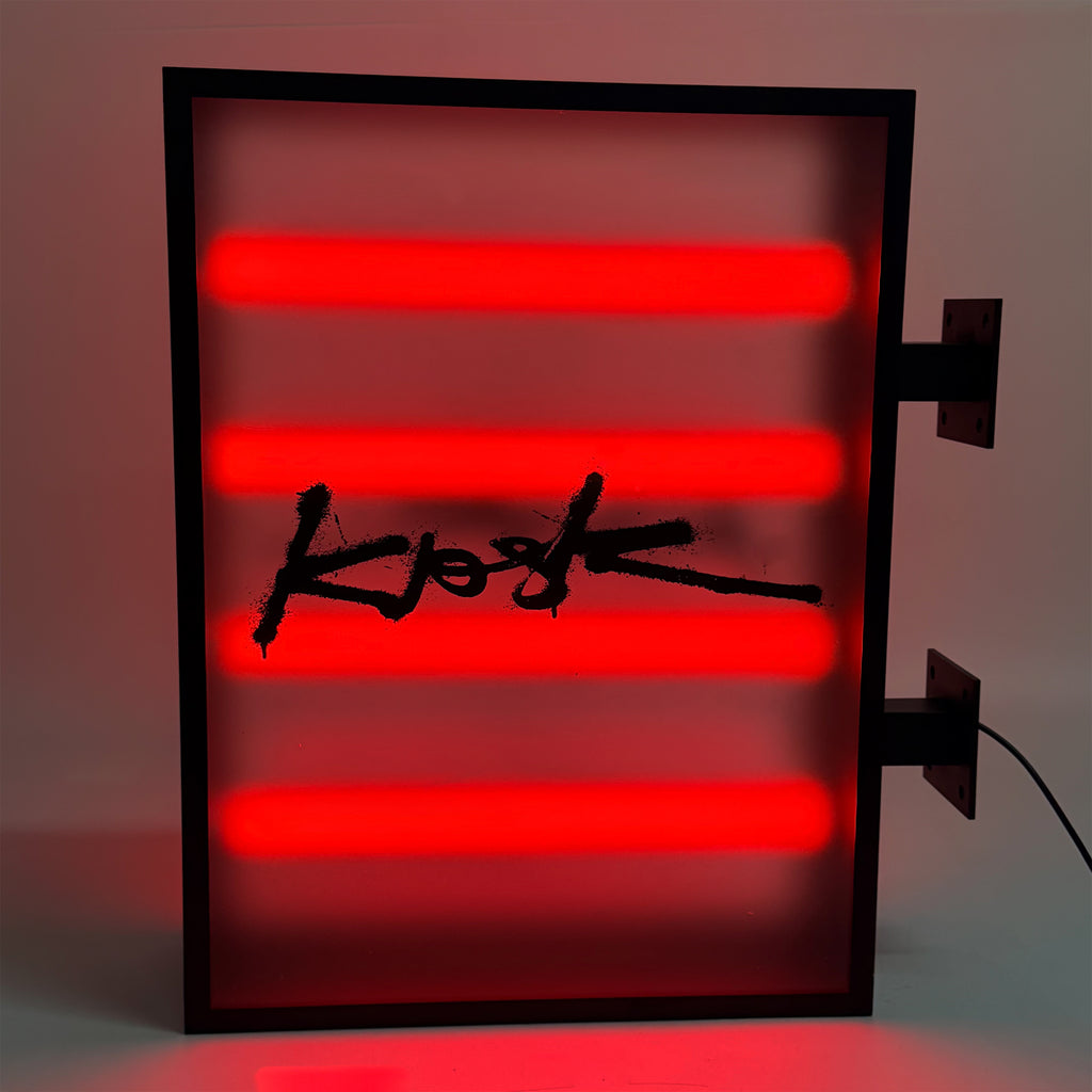 Double Sided LED Tube Light Box Sign | Red Illuminated Hanging Sign with Black Stainless Steel Frame