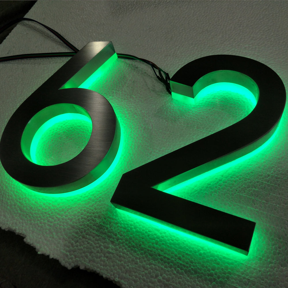 Custom Black Stainless Steel RGB Halo Lit LED Channel Letters – Backlit Sign for Storefront