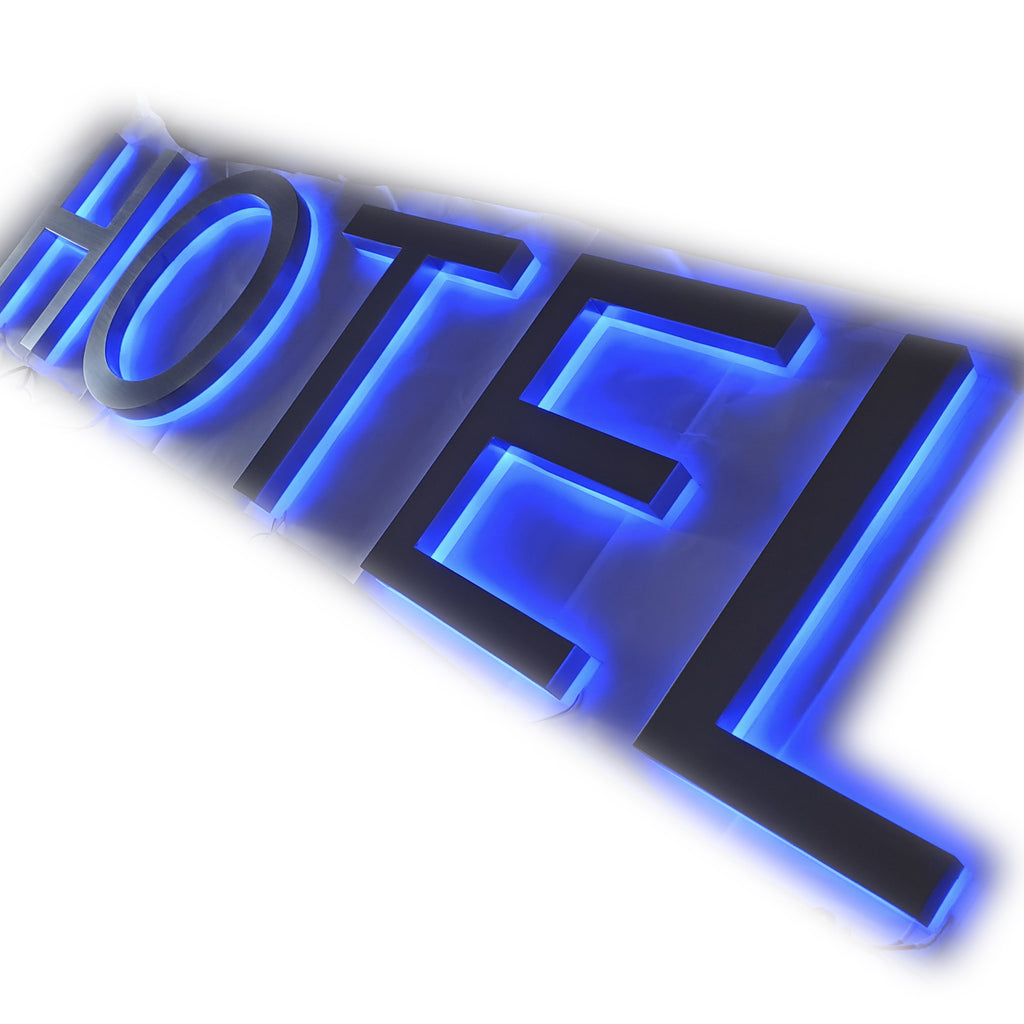 3D Blue LED Sign Light Brushed Metal Channel Letter for Shop | Custom LED Backlit Letters Stainless Steel Letter Sign for Hotel