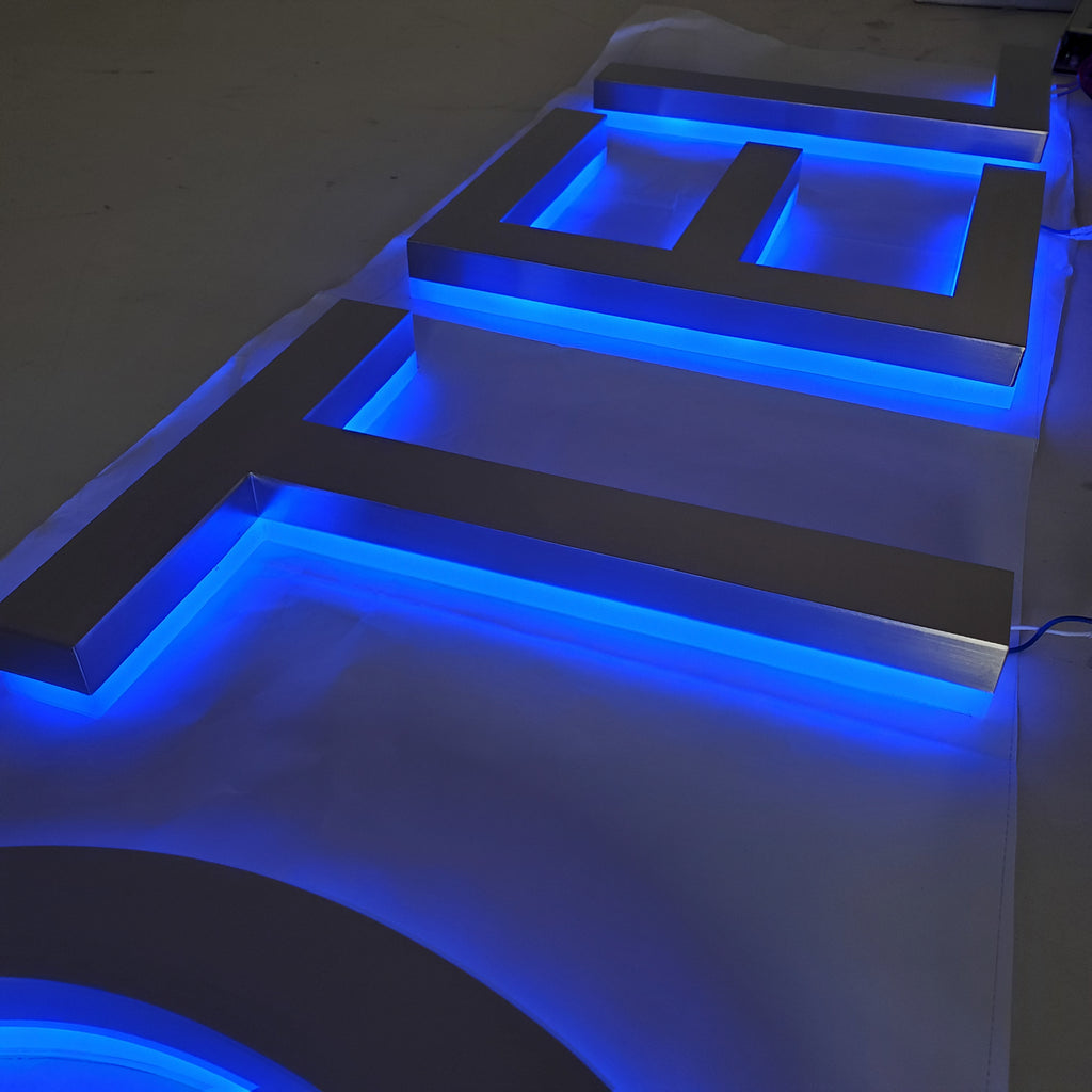 3D Blue LED Sign Light Brushed Metal Channel Letter for Shop | Custom LED Backlit Letters Stainless Steel Letter Sign for Hotel