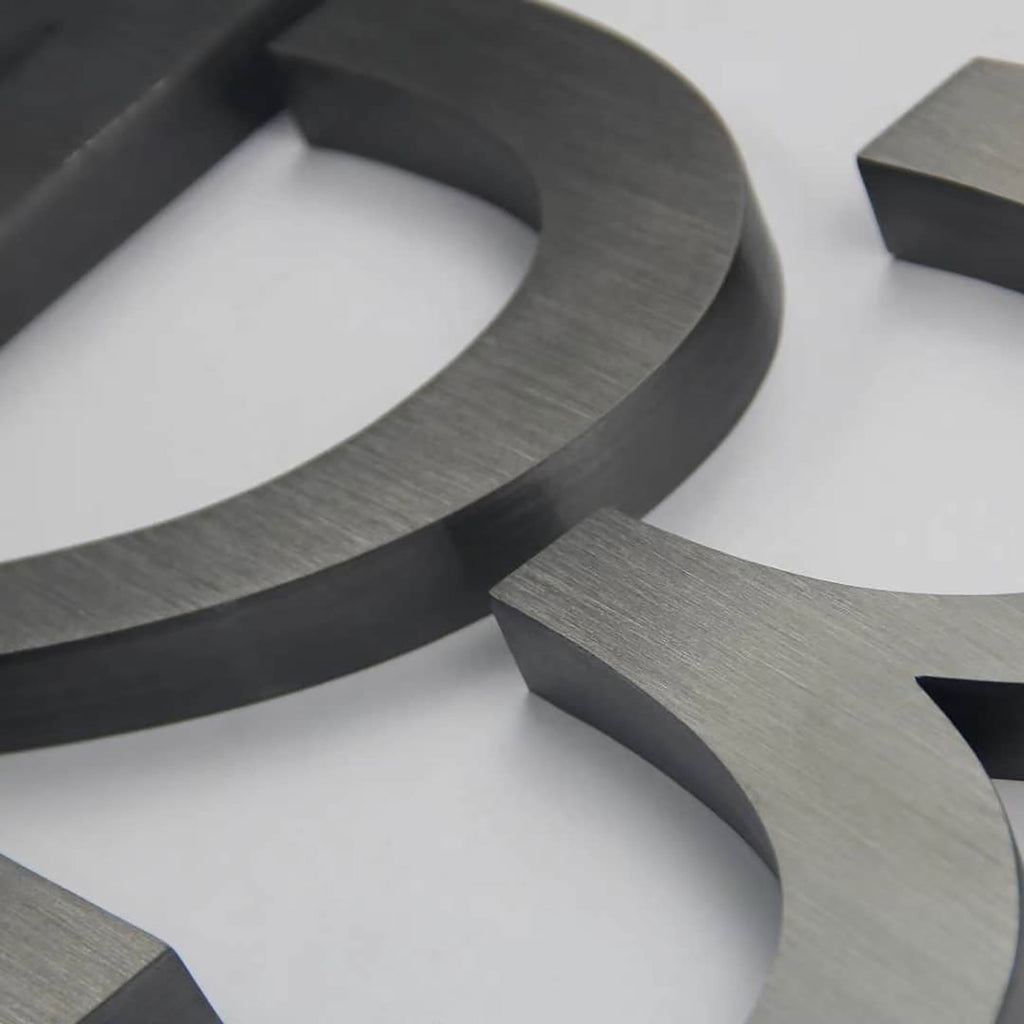 Brushed Stainless Steel Channel Letters – Dark or Black Oxidized Finish, Modern Industrial & Vintage Metal Effect Signage