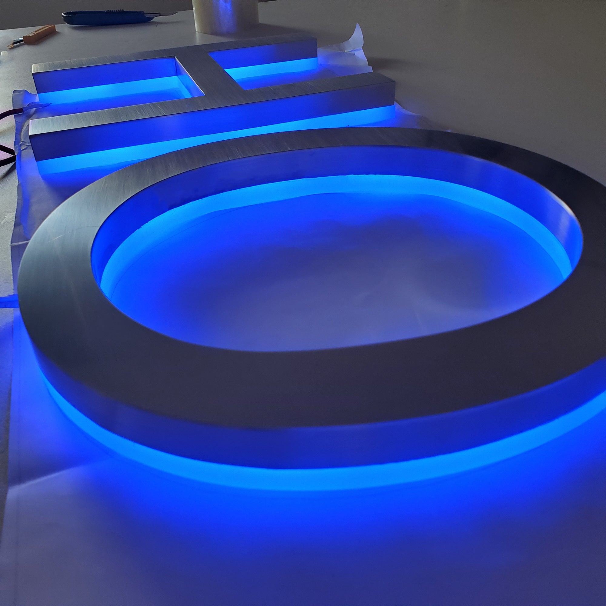 3D Blue LED Sign Light Brushed Metal Channel Letter for Shop | Custom LED Backlit Letters Stainless Steel Letter Sign for Hotel