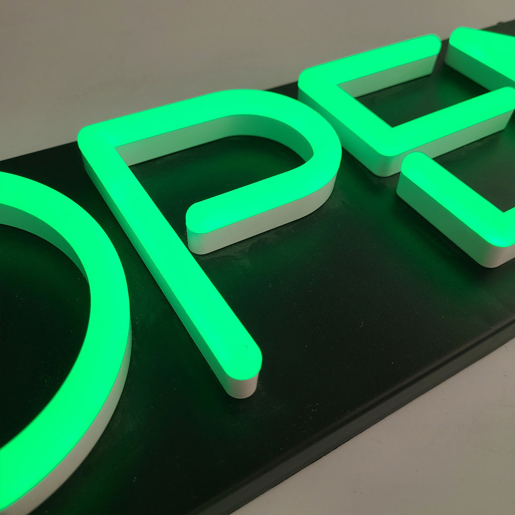 Custom Black Painted Light Box Sign – Wall Mounted LED Sign with Raised Green Acrylic Letters, 3D Illuminated Business Signage for Storefront, Office, Restaurant & Retail Branding
