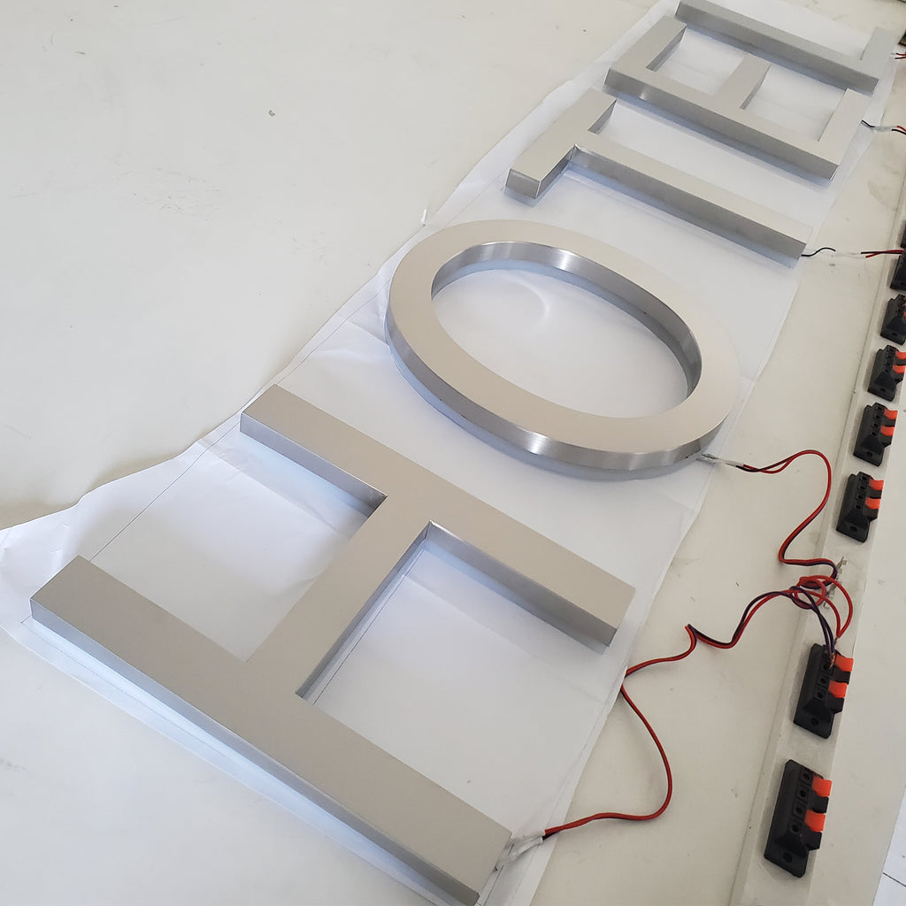 3D Blue LED Sign Light Brushed Metal Channel Letter for Shop | Custom LED Backlit Letters Stainless Steel Letter Sign for Hotel