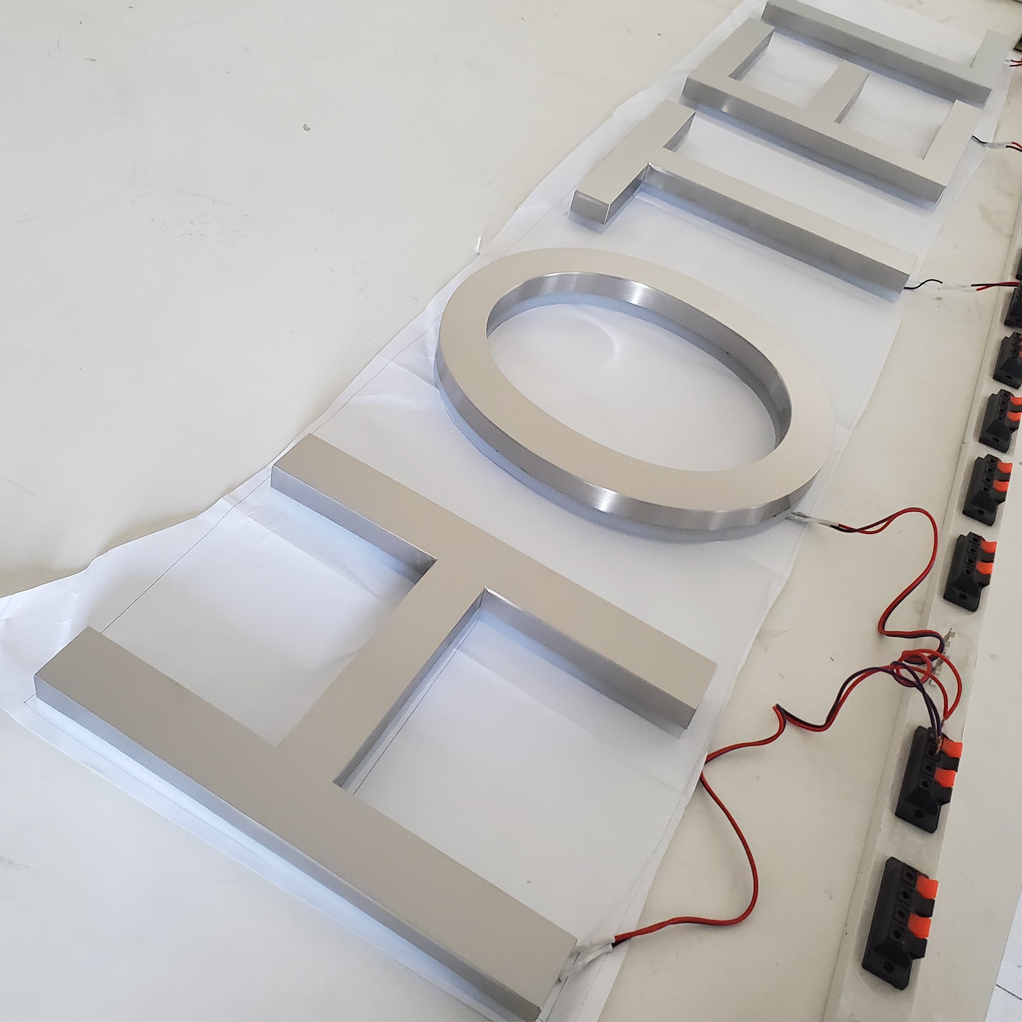 3D Blue LED Sign Light Brushed Metal Channel Letter for Shop | Custom LED Backlit Letters Stainless Steel Letter Sign for Hotel