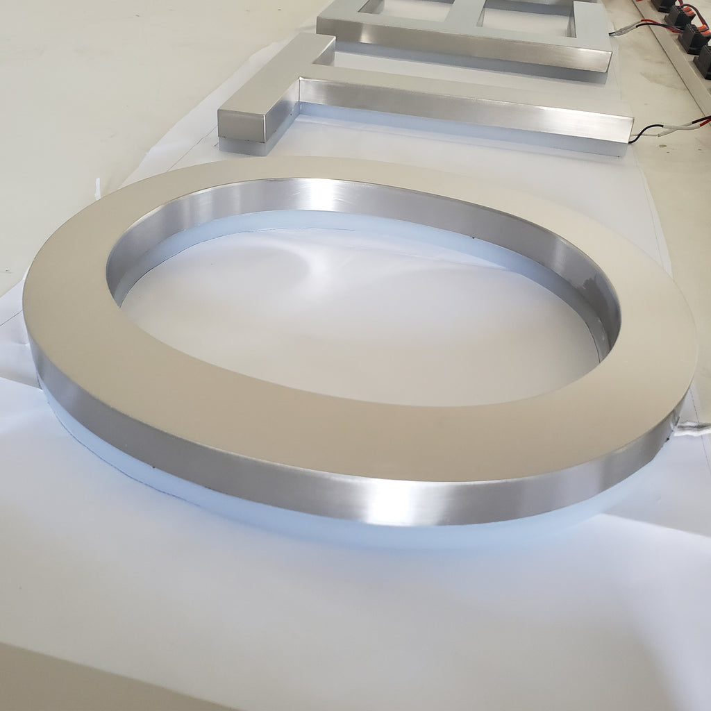 3D Blue LED Sign Light Brushed Metal Channel Letter for Shop | Custom LED Backlit Letters Stainless Steel Letter Sign for Hotel