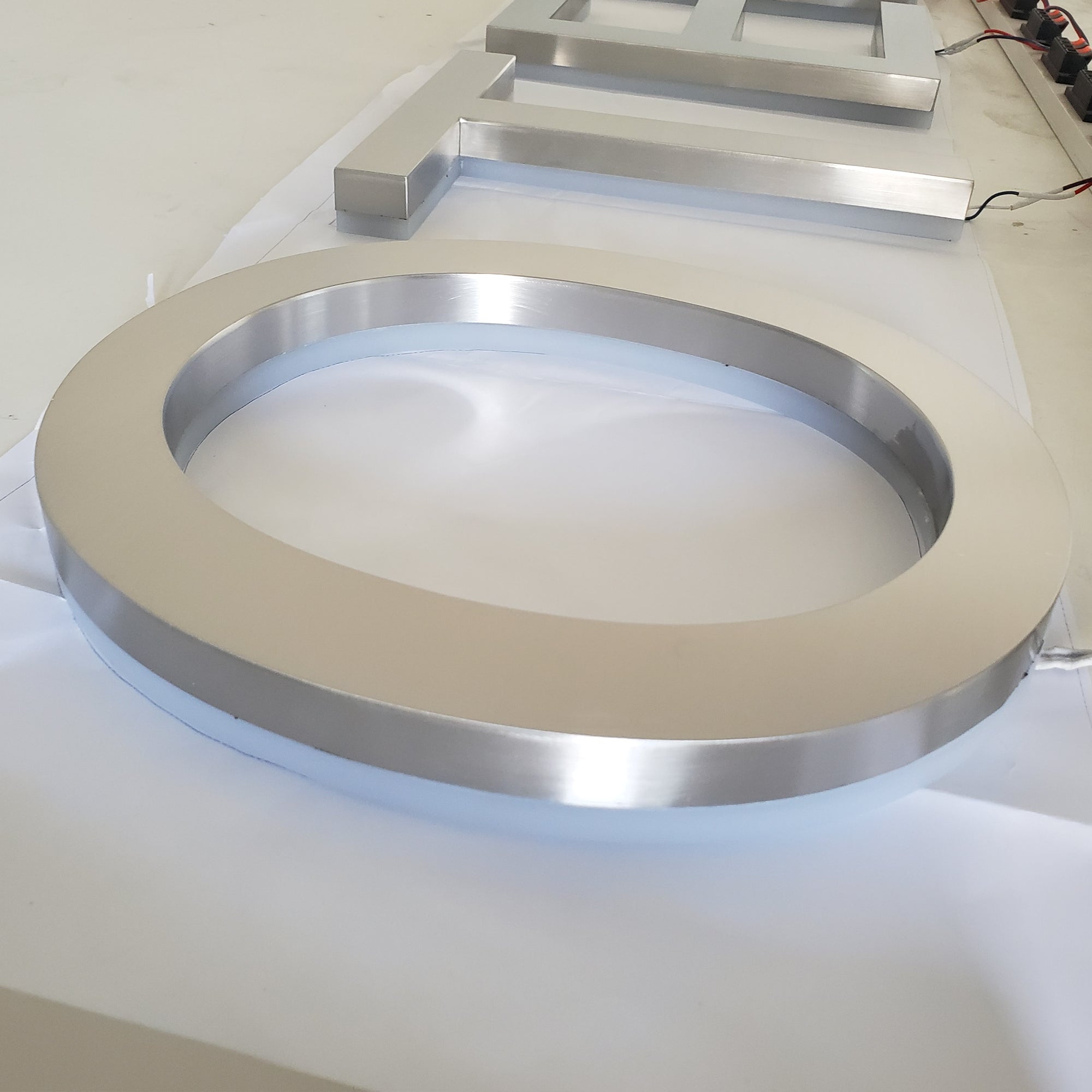 3D Blue LED Sign Light Brushed Metal Channel Letter for Shop | Custom LED Backlit Letters Stainless Steel Letter Sign for Hotel