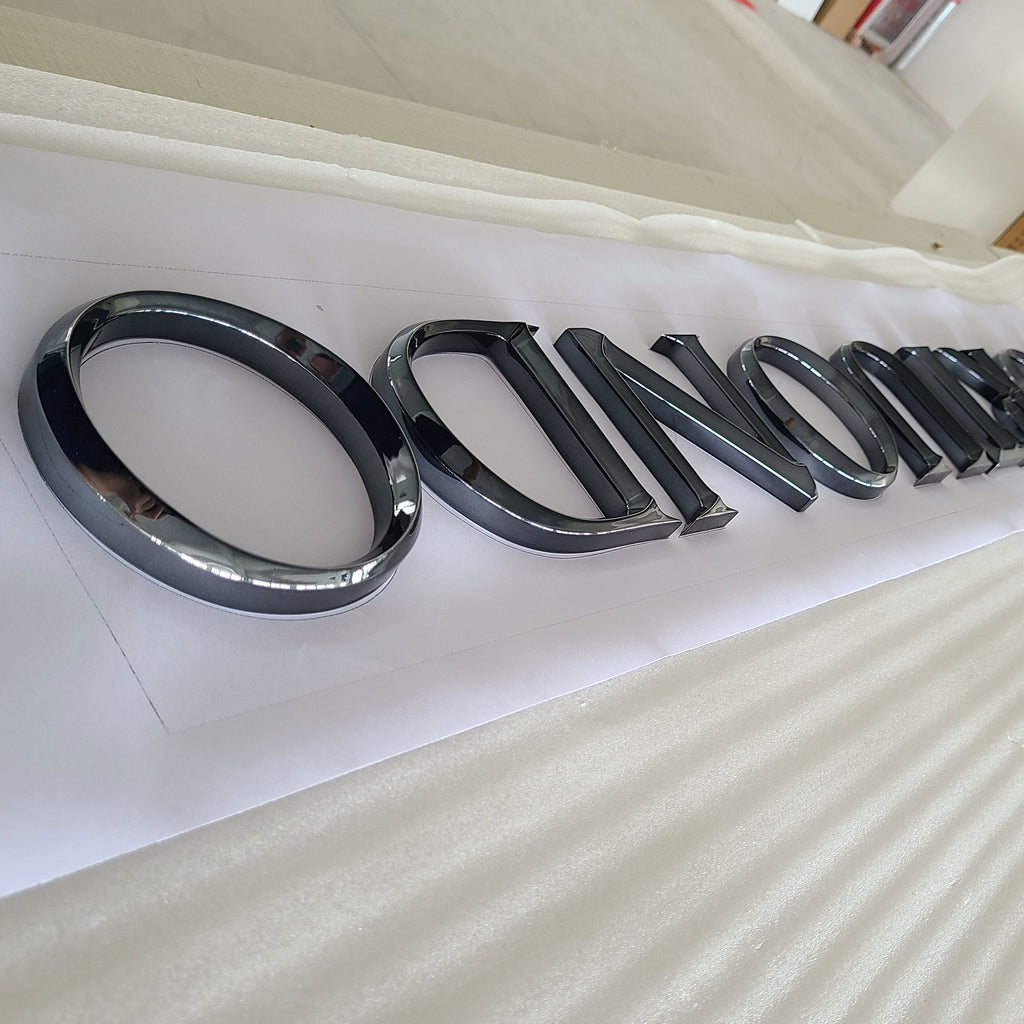 Custom Solid Aluminum Letters for Wall & Business Signage – 3D Tapered Metal Letters, CNC Engraved Non-Lit Sign, Glossy Black Electroplated Finish, Office Storefront Logo Decor